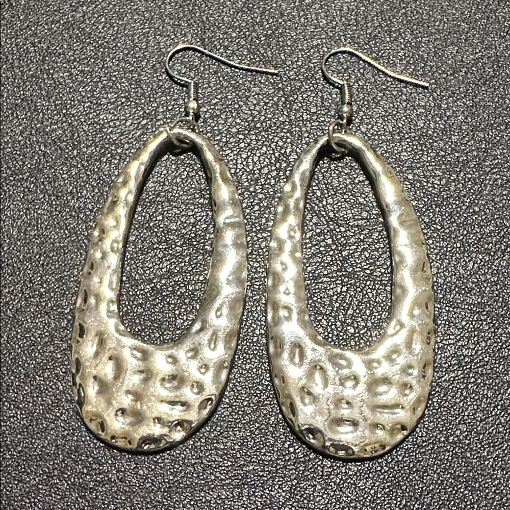 Hammered Silver-tone Teardrop Statement Dangle Earrings